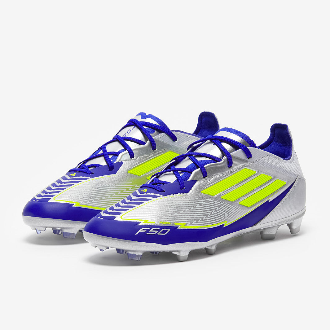 Adidas Kids F50 Elite x Messi FG Football Boots Silver Met/Solar Yellow/Lucid Blue